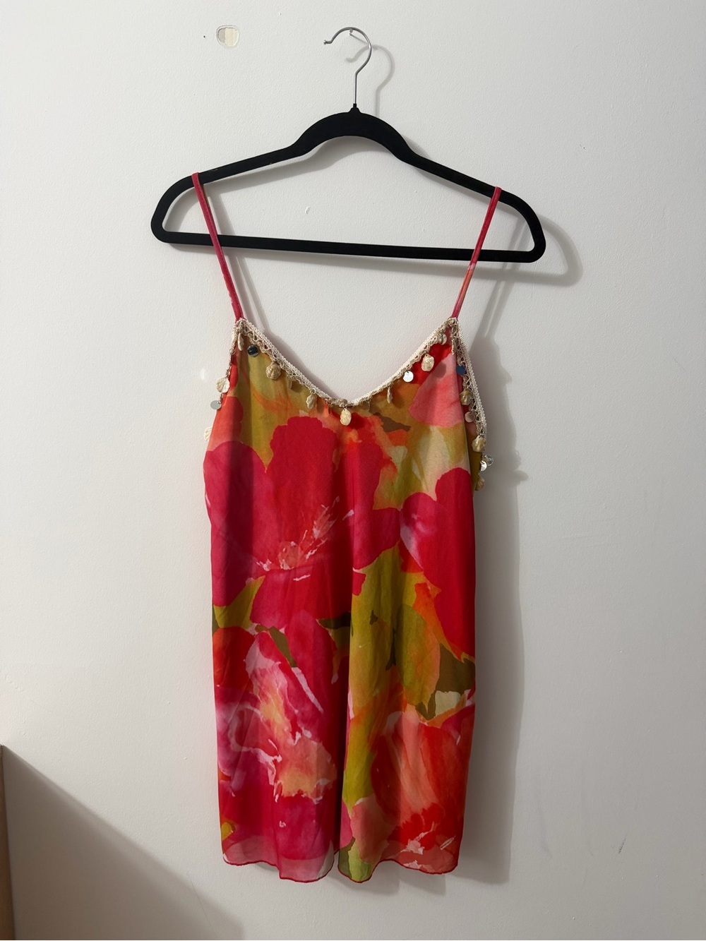SHEIN Pink & Green Floral Slip Cami with Gold Coin Trim